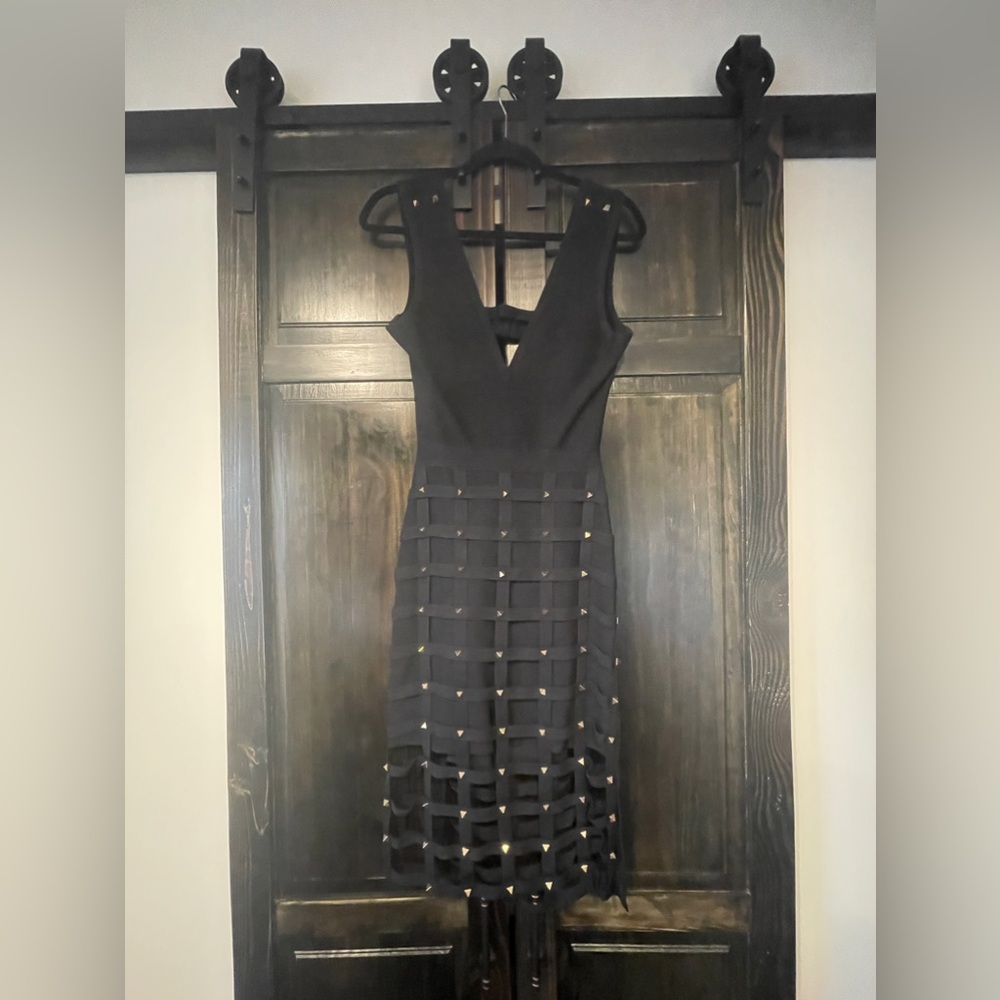 bebe bodycon midi cage dress with gold studs size M